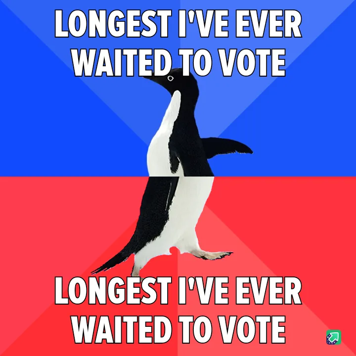 A penguin stands centered against a split background of blue and red diagonal sections. The same white bold text 'LONGEST…