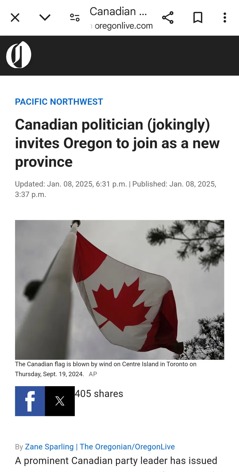 A screenshot of a news article from oregonlive.com shows a Canadian flag waving in the wind against a cloudy sky with pine…