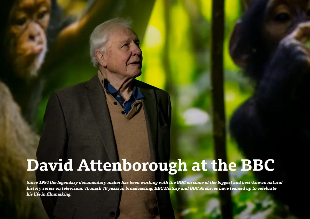 An image of David Attenborough standing in front of a blurred jungle backdrop with chimpanzee faces visible on either side…