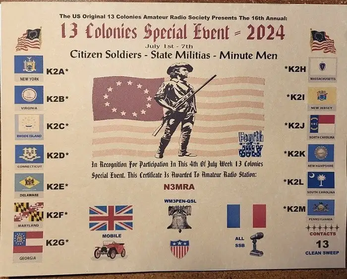 A commemorative certificate from the US Original 13 Colonies Amateur Radio Society for their 2024 '13 Colonies Special…