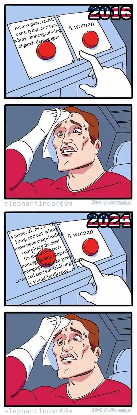 A four-panel comic shows a hand pressing a button labeled 'A woman' in 2016, while the other button reads 'An arrogant…