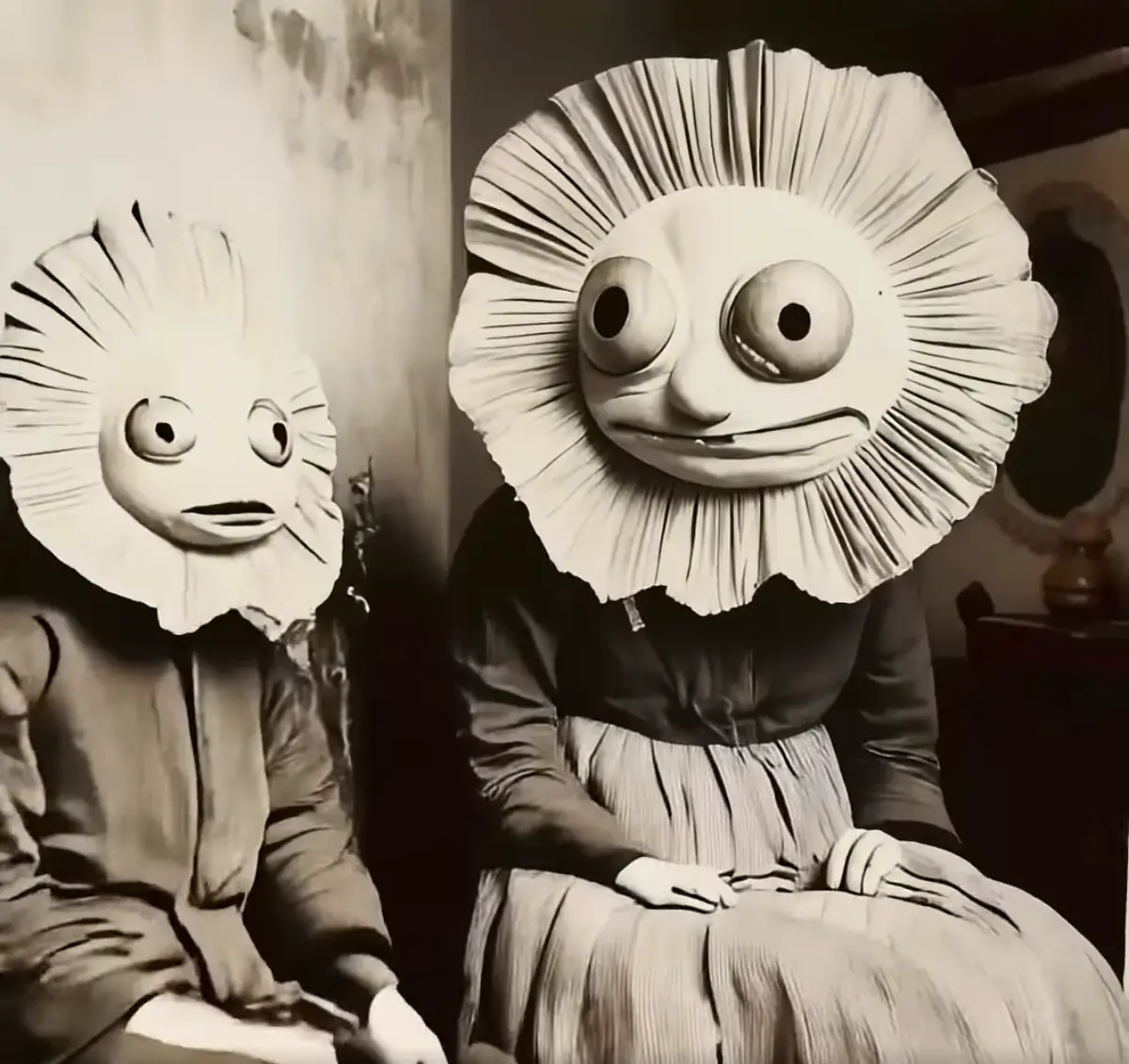 Two people in vintage clothing sit side by side, their heads obscured by large, stylized paper masks resembling sunflowers…