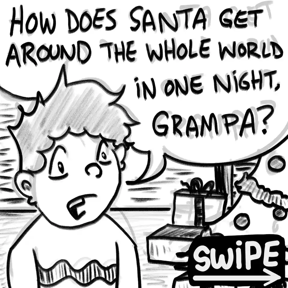 A black-and-white cartoon depicts a young boy with wide eyes and an open mouth, asking a question in a large speech bubble…