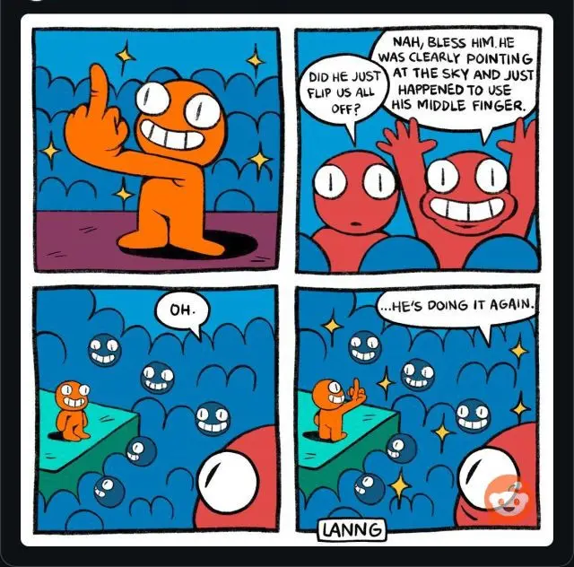 A four-panel comic strip featuring orange and red cartoon characters. In the first panel, an orange character points upward…