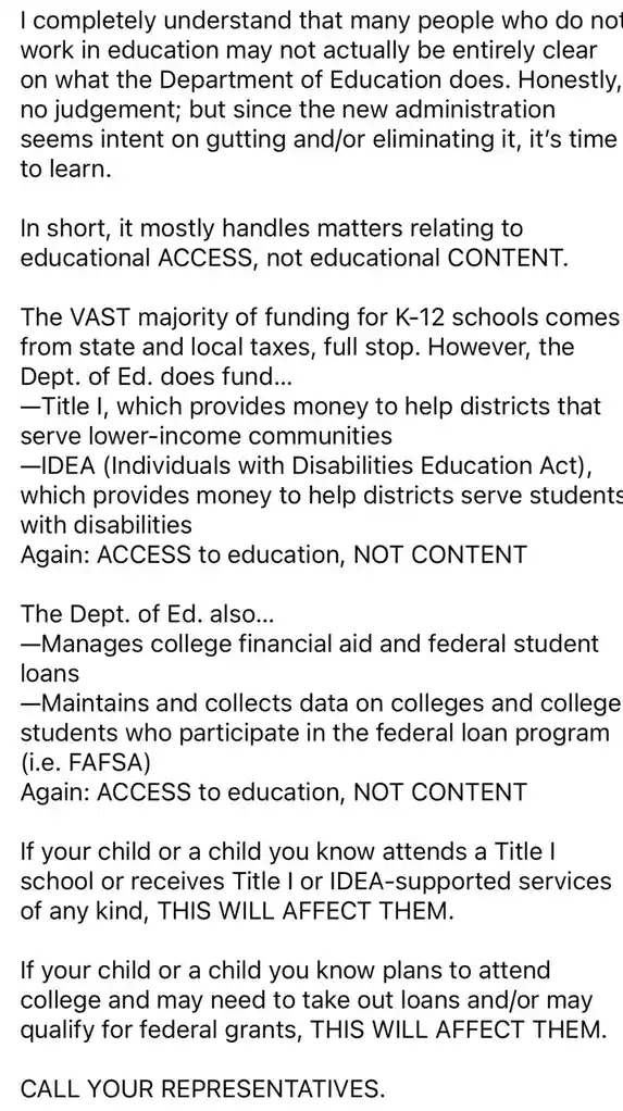 A white background image with black text explaining the U.S. Department of Education's role in funding educational access…