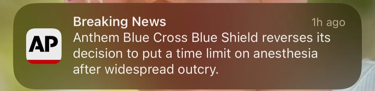 A screenshot of a news notification from the Associated Press, styled like a breaking news alert, announcing that Anthem…