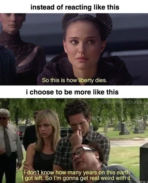 The meme features two panels. The top panel shows Padmé Amidala from Star Wars looking solemn with the text 'So this is how…