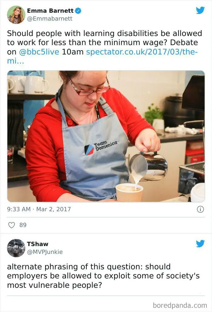 A screenshot of a 2017 Twitter thread shows Emma Barnett tweeting about a BBC debate on whether people with learning…