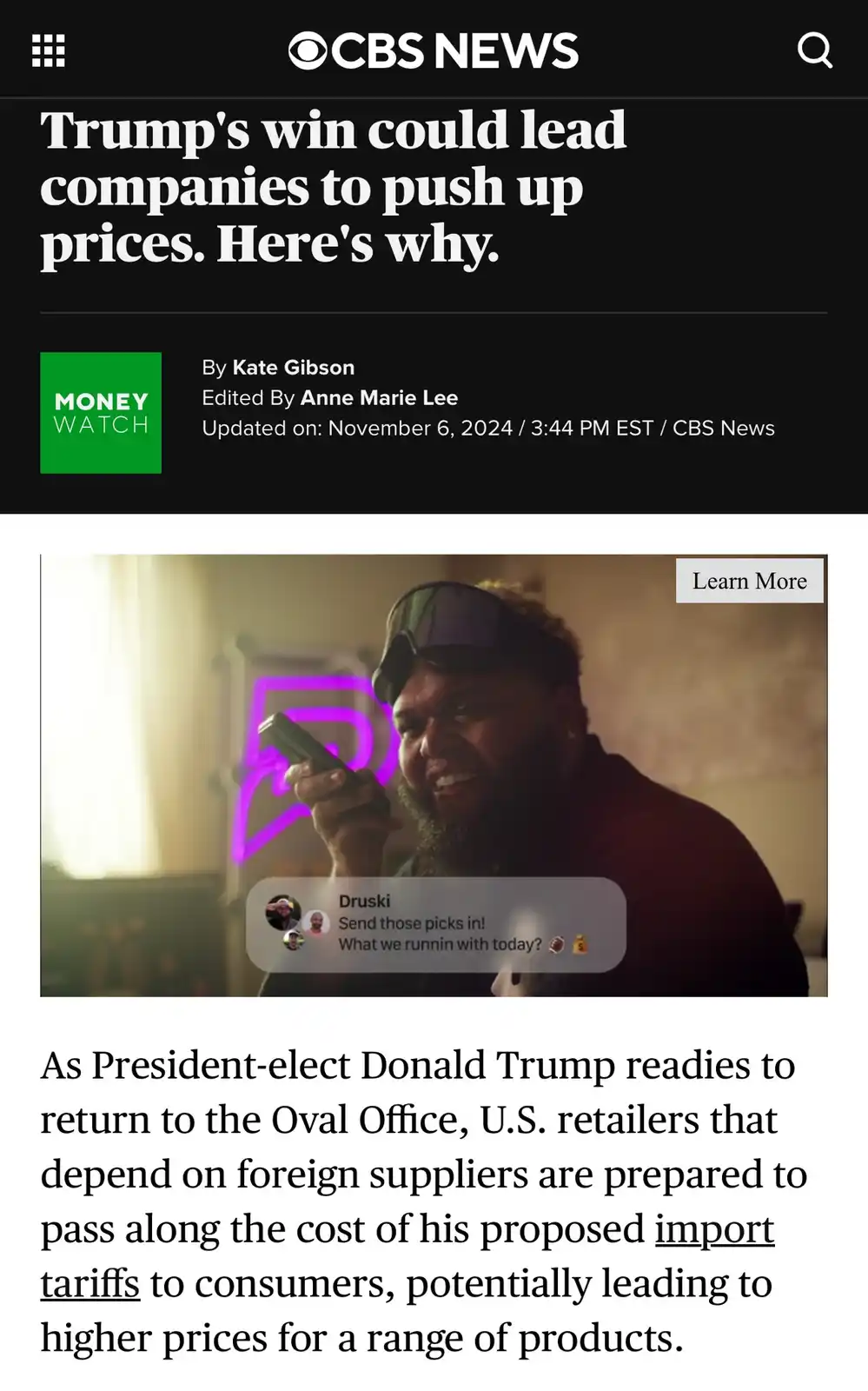A screenshot of a CBS News article titled 'Trump's win could lead companies to push up prices. Here's why.' The article's…