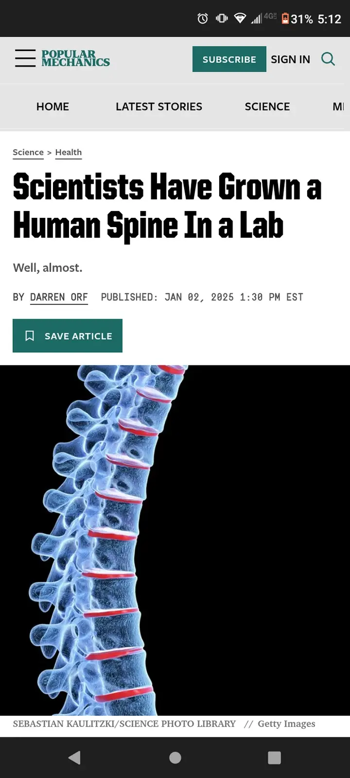 A screenshot of a Popular Mechanics article titled 'Scientists Have Grown a Human Spine In a Lab' with the subtext 'Well…