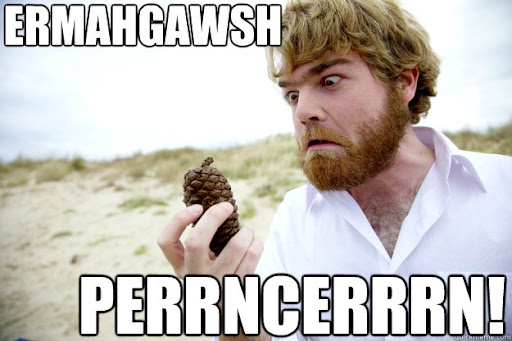 A man with a reddish beard and wavy hair, wearing a white shirt, stares in exaggerated shock while holding a pinecone. The…