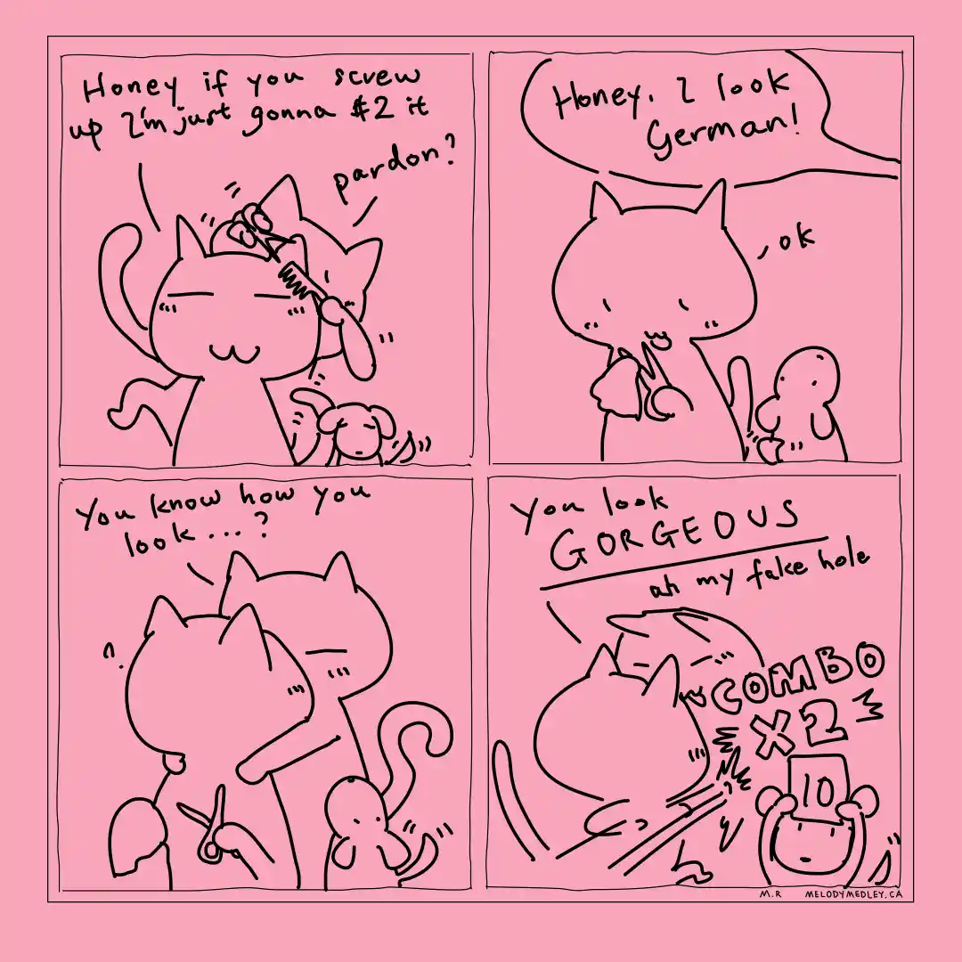 A four-panel comic strip with pink background and black line art of cartoon cats. In the first panel, a cat brushes its fur…