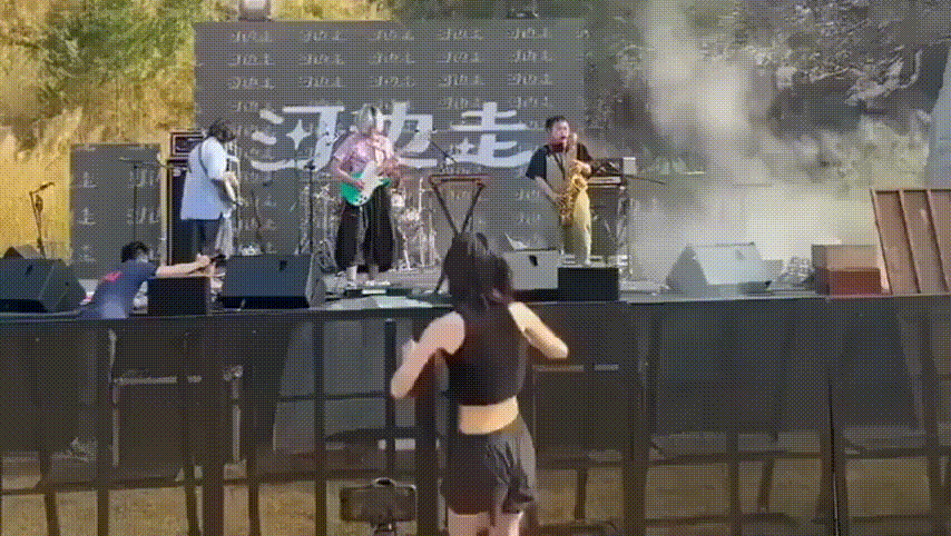 六格图片展示了一位女性在户外音乐节舞台上表演时突然倒立，随后两名警察迅速上前制止并将其扶起。背景是舞台和音响设备，观众在台下观看。警察表情严肃，动作迅速，试图控制局面。