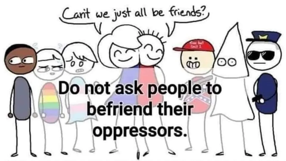 A cartoon drawing shows a group of diverse stick figures, including a Black person, a person with a rainbow flag, a person…