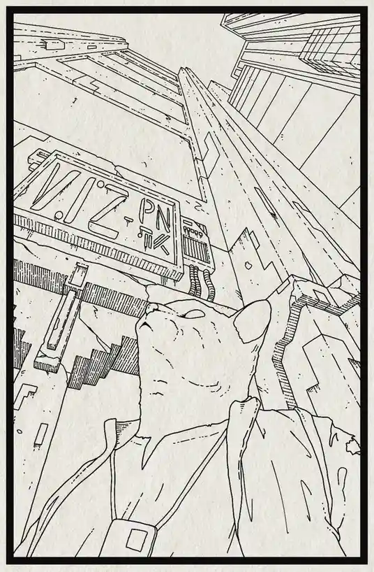 A black-and-white line art illustration shows a cat wearing a jacket and looking up at towering, angular buildings in a…