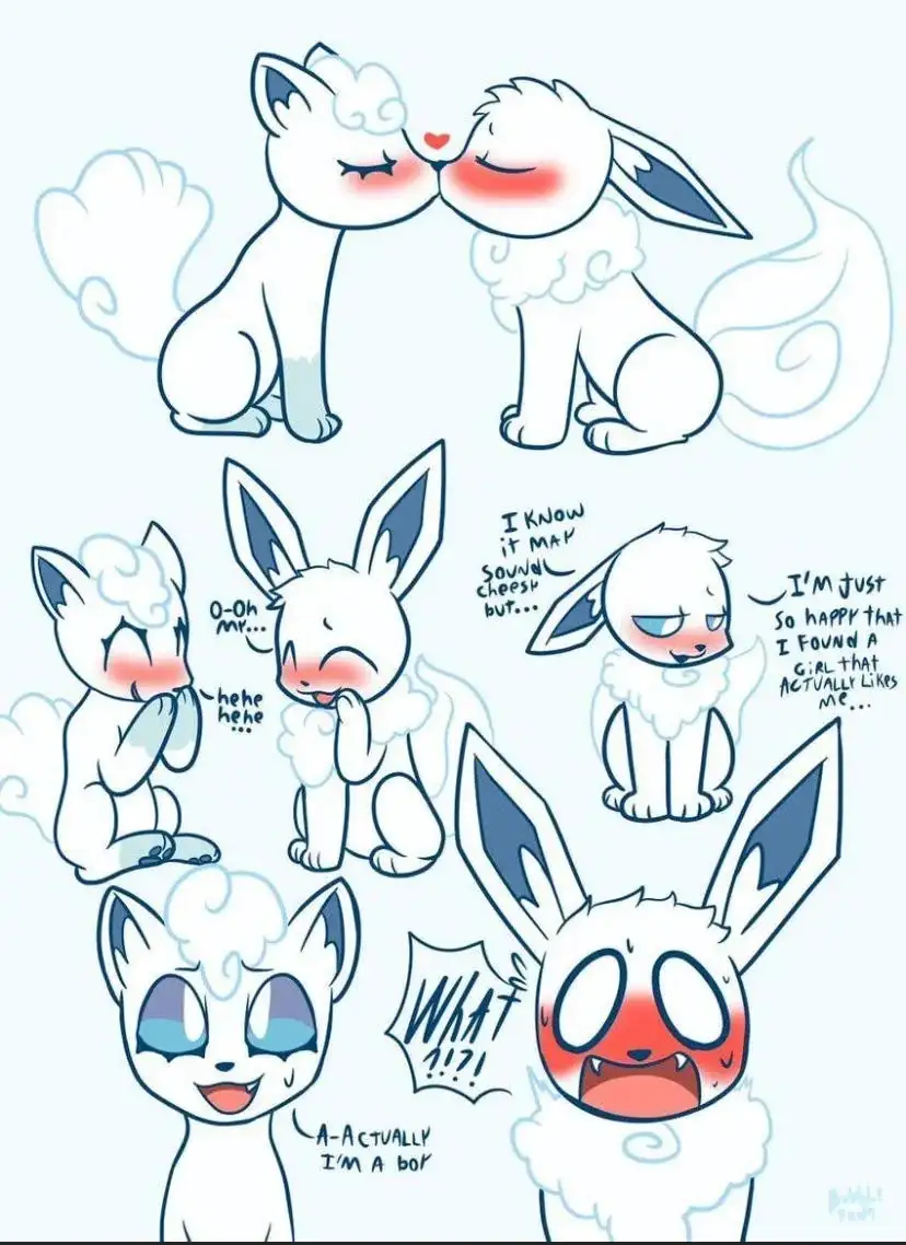 A cartoon drawing shows two white, fluffy Pokémon, Alolan Vulpix and Eevee, kissing. Below, the Eevee blushes and says 'I…