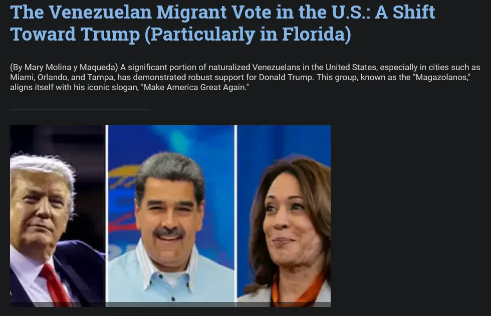 The image displays three side-by-side portraits: Donald Trump on the left, Nicolás Maduro in the center, and Kamala Harris…