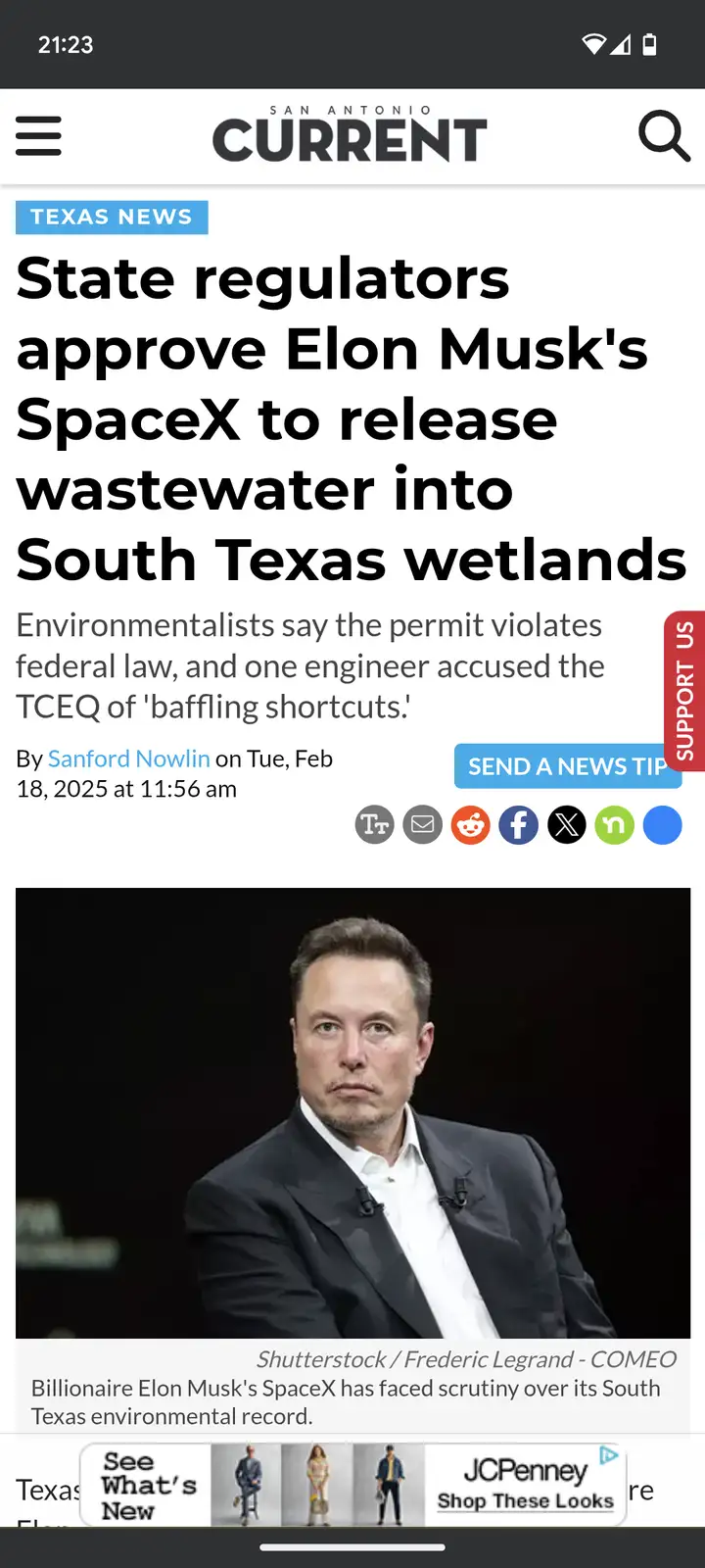 A screenshot of a San Antonio Current news article with a headline stating that state regulators approved SpaceX to release…