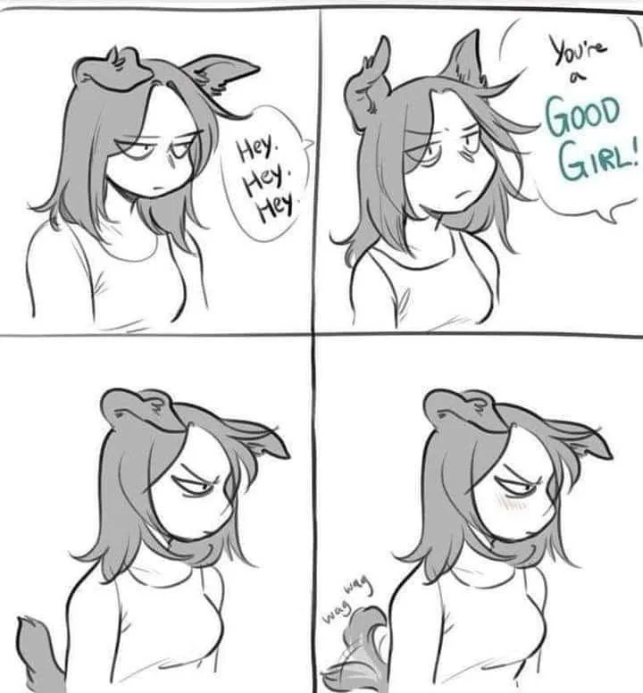 A four-panel comic shows a girl with cat ears and a tail. In the first panel, she is being called 'Hey. Hey. Hey.' by…