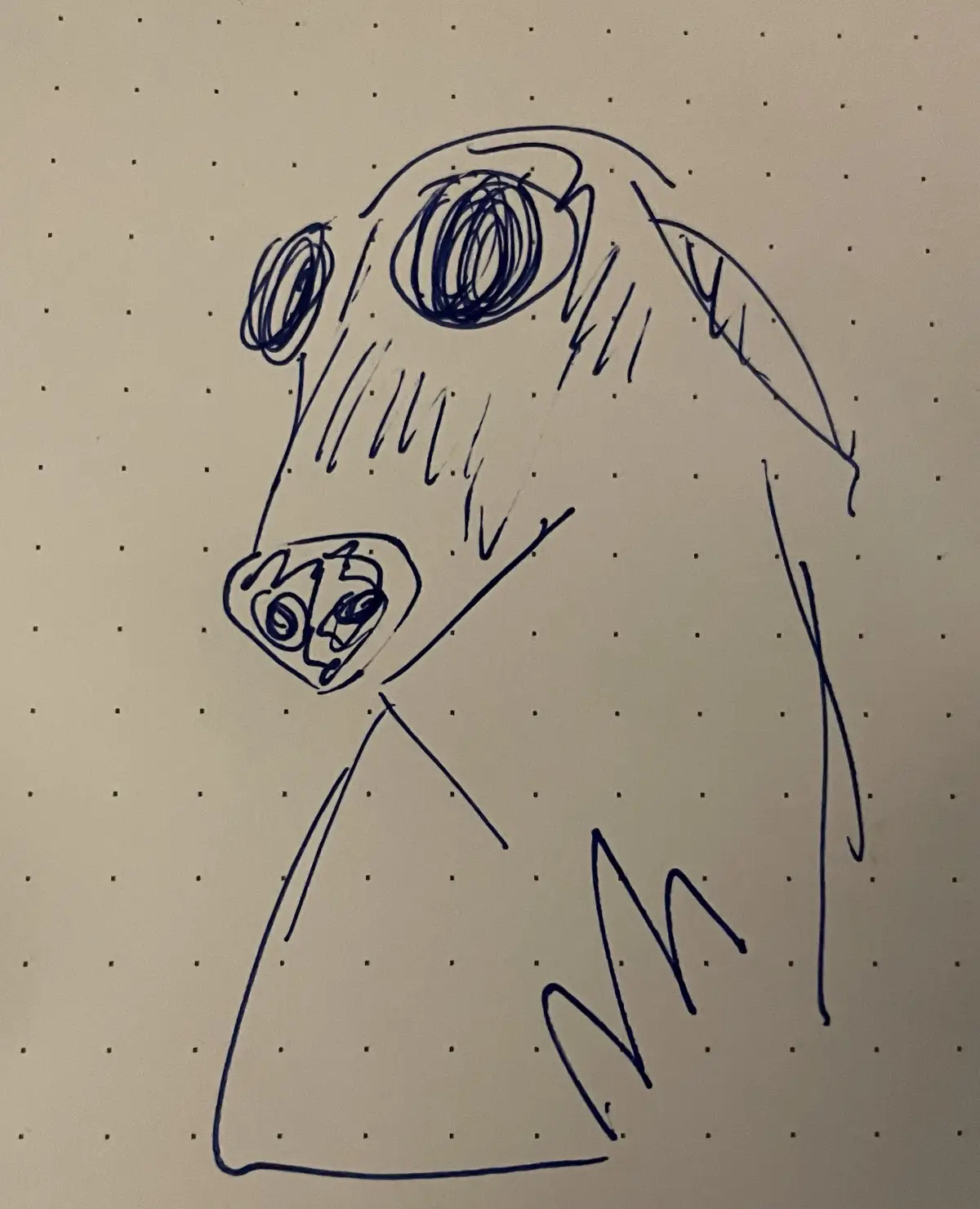 A crude blue ink drawing on dotted paper depicts a large, vaguely animal-like figure with scribbled eyes and a smaller…