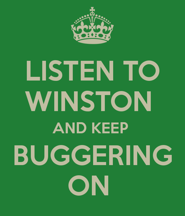A green background with a beige crown at the top, followed by bold beige text that reads 'LISTEN TO WINSTON AND KEEP…