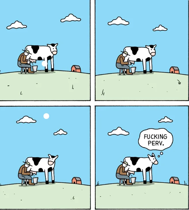 A four-panel comic strip shows a man milking a cow in a field. In the first three panels, he continues milking as the sun…