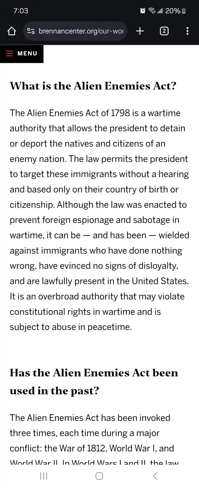 A screenshot of a webpage from brennancenter.org explaining the Alien Enemies Act of 1798, detailing its wartime powers to…