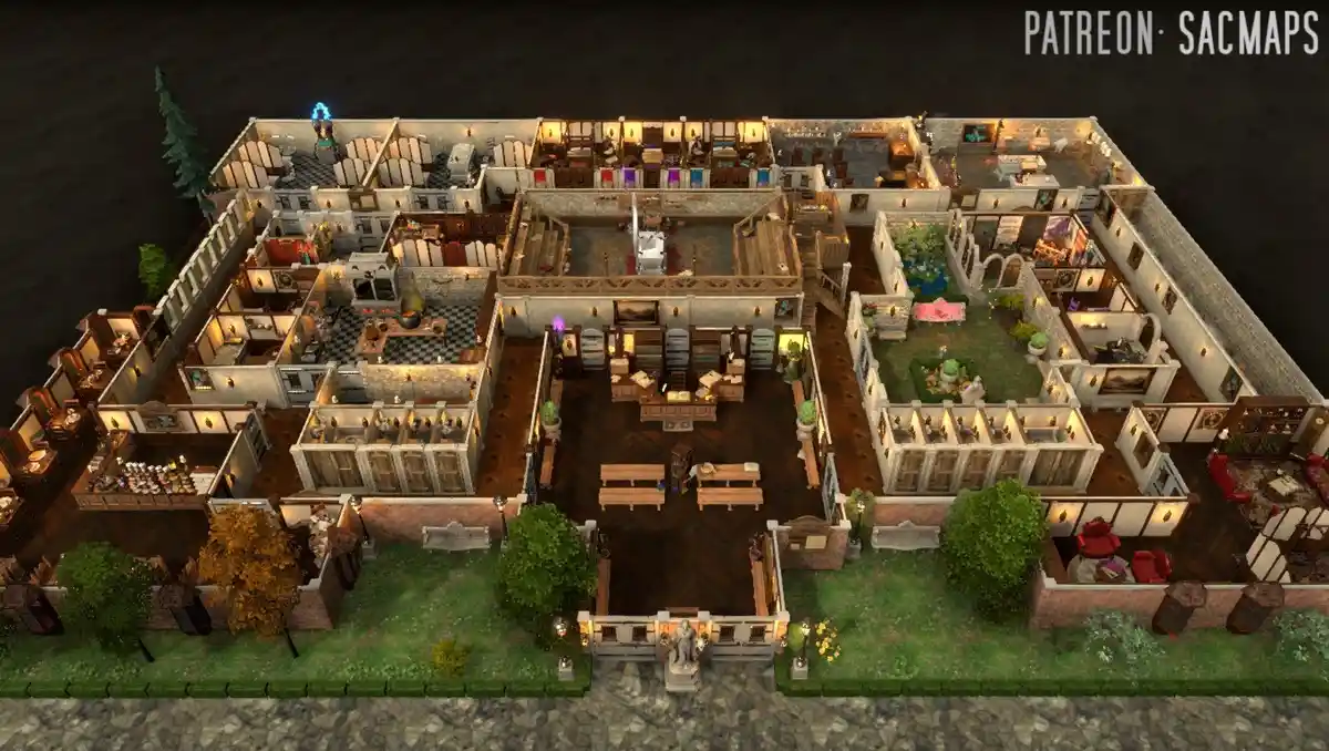 An aerial view of a massive, intricately designed, multi-room mansion from a video game, featuring numerous furnished rooms…