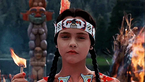 The image is a six-panel meme split into two rows. Top row: A young girl in Native American attire holds a lit match, then…