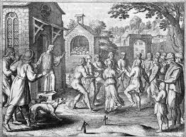 A black-and-white historical engraving depicts a man hanging from a gallows with his body suspended, while a crowd of…