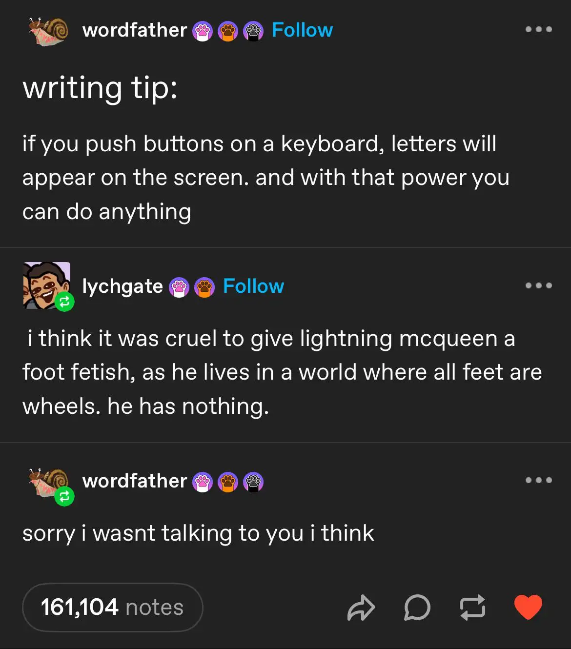 A screenshot of a social media thread shows a user named 'wordfather' giving a writing tip about keyboard input. Another…