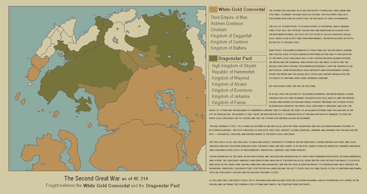A detailed map of Tamriel showing the territories of the White-Gold Concordat and the Dragonstar Pact during the Second…