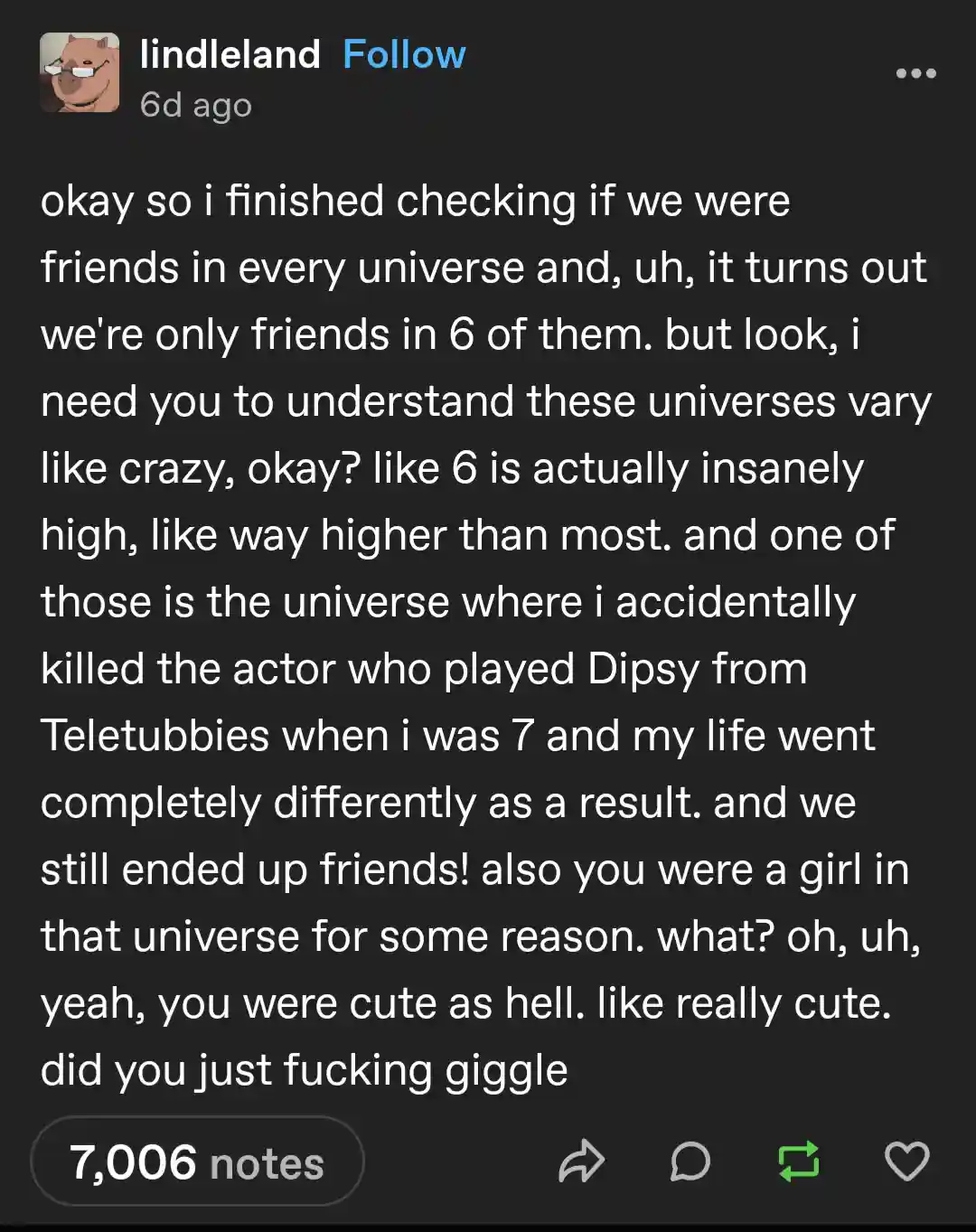 A screenshot of a social media post by user 'lindleland' showing a long text message that humorously claims the poster and…