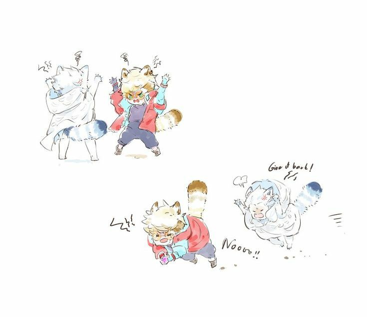 An anime-style illustration shows two anthropomorphic fox characters. One, wearing a red jacket, is being chased by a white…
