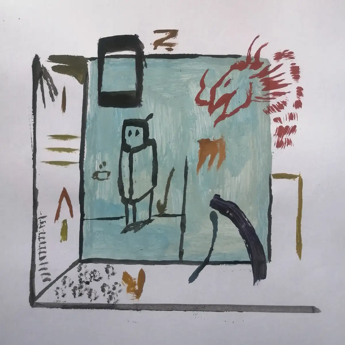 A childlike painting depicts a simple black outline of a person standing inside a blue rectangular room with a window. Above…