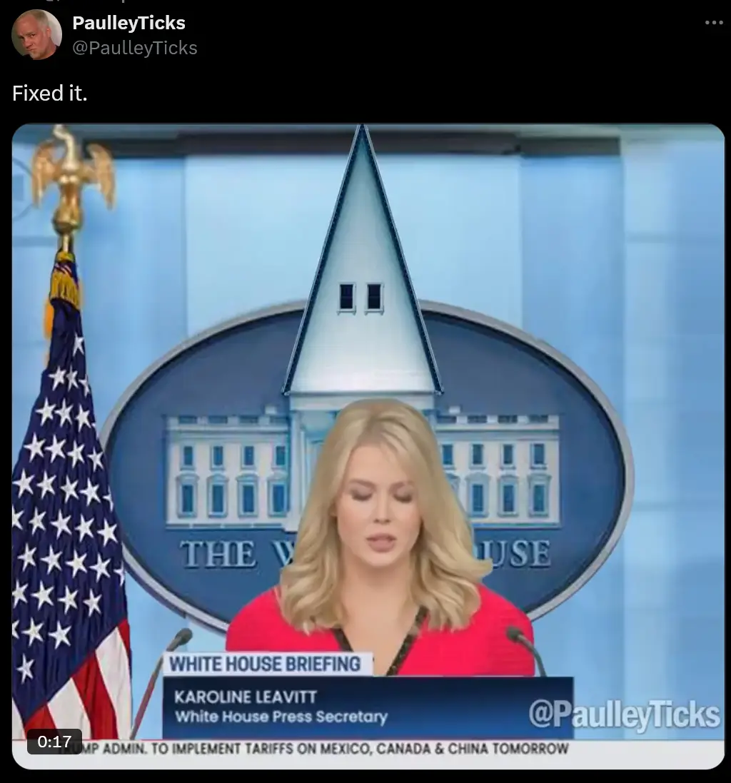 A woman identified as White House Press Secretary Karoline Leavitt stands at a podium during a White House briefing, with an…