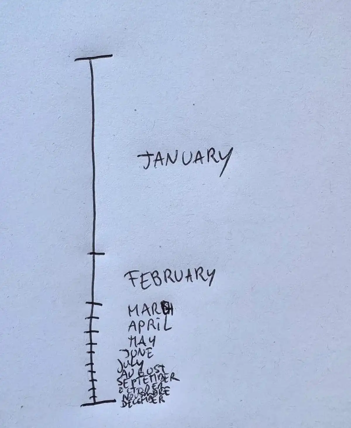 A hand-drawn vertical bar graph on white paper shows the months of the year, with 'january' at the top near the peak and…