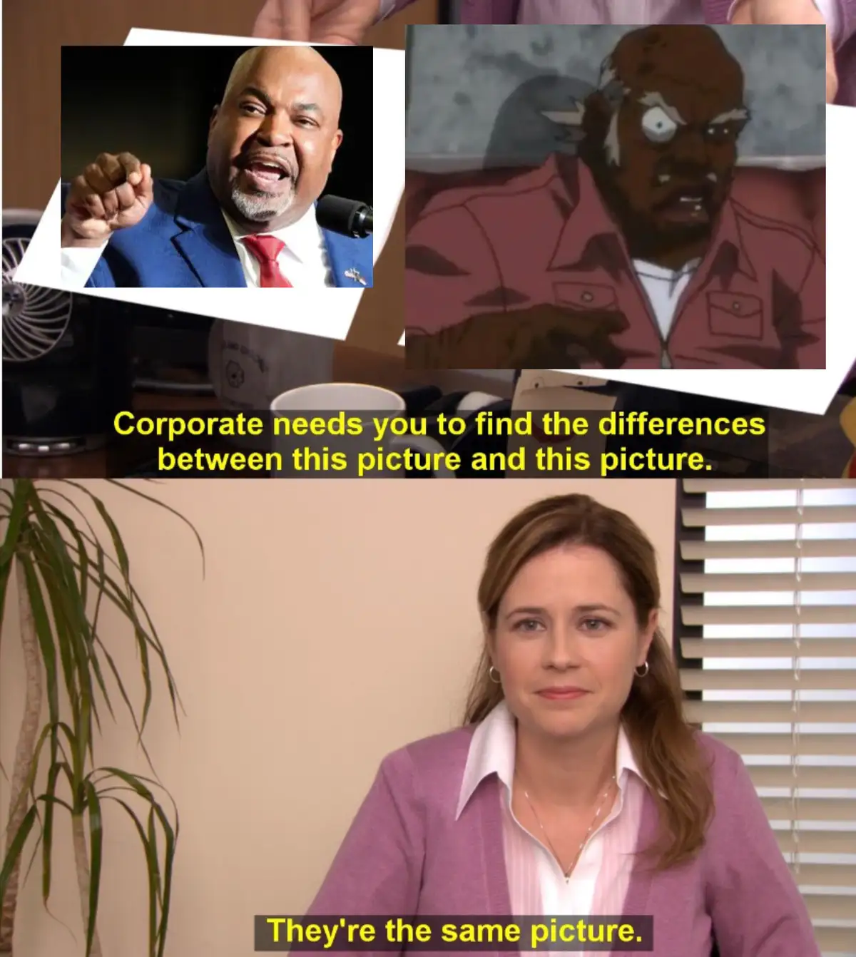 The image displays two side-by-side pictures: one of a real man in a blue suit and red tie speaking into a microphone, and…
