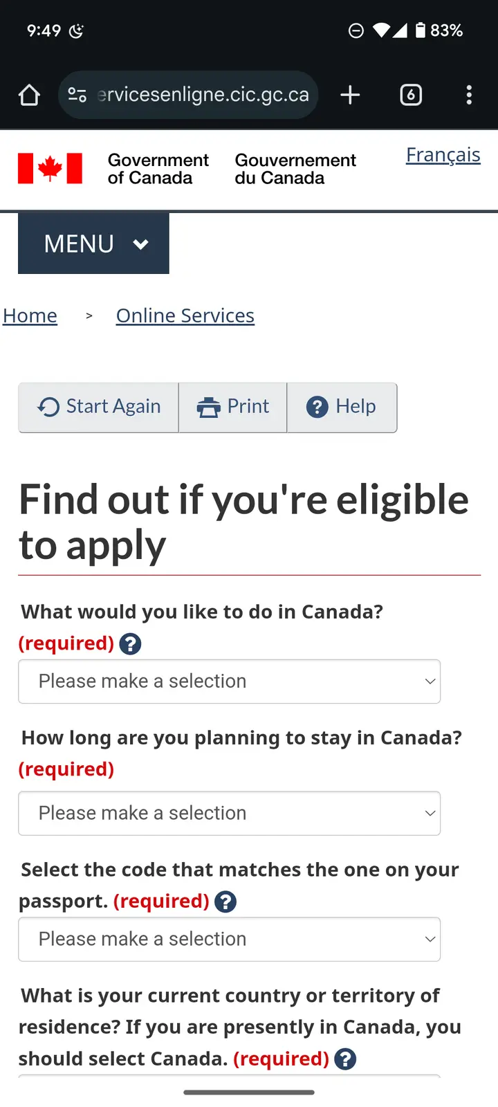 A screenshot of a Canadian government online services webpage asking users to select options for immigration eligibility…