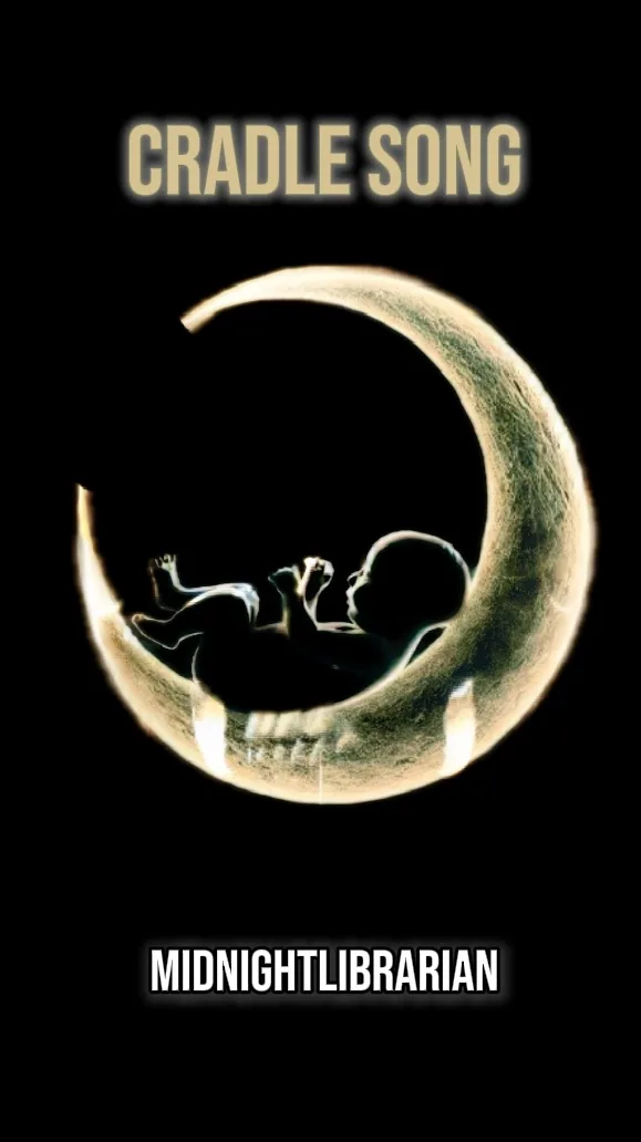 A baby is shown sleeping peacefully inside a crescent moon, which is set against a black background. The text 'CRADLE SONG'…