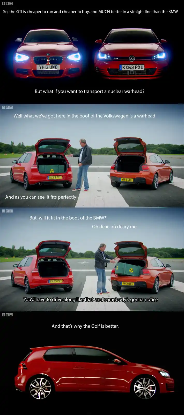 A four-panel meme from a BBC car review comparing a red Volkswagen Golf GTI and a red BMW. The first panel shows both cars…
