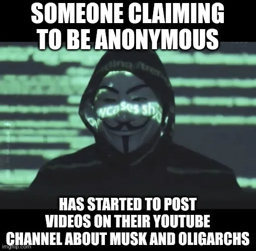 A person wearing a Guy Fawkes mask, associated with the Anonymous collective, is shown against a green digital background…