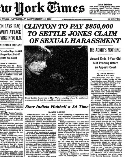 A black-and-white newspaper front page from the New York Times dated November 14, 1998, features a large headline announcing…