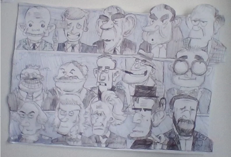 A hand-drawn sketch shows a grid of exaggerated, cartoonish caricatures of various men with distorted facial features, some…