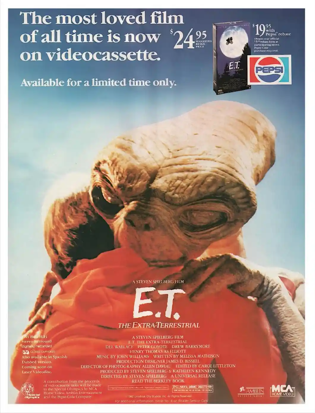 This is a vintage 1982 Pepsi-sponsored advertisement for the movie E.T. The Extra-Terrestrial, featuring the alien character…