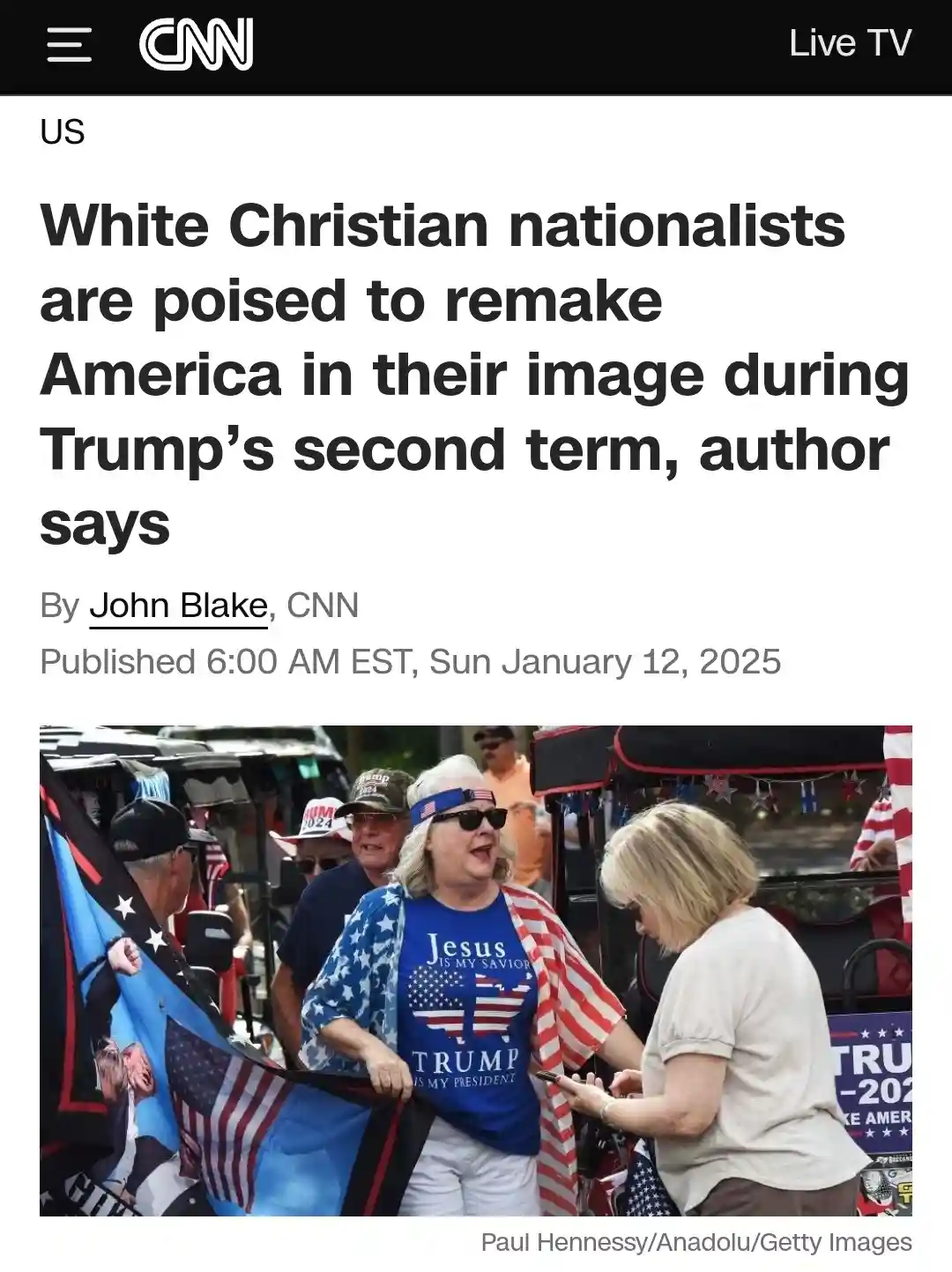 A screenshot of a CNN news article from January 12, 2025, with the headline 'White Christian nationalists are poised to…