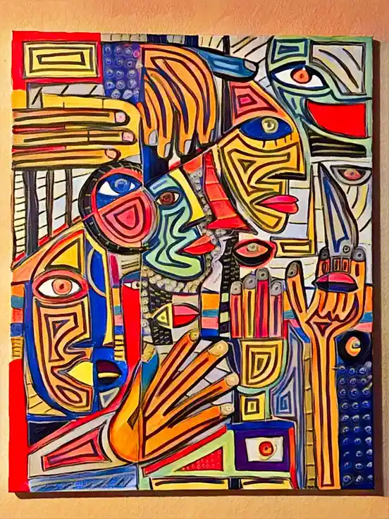 A colorful, abstract painting with multiple stylized faces and hands in geometric shapes, hanging on a wall. The overlaid…