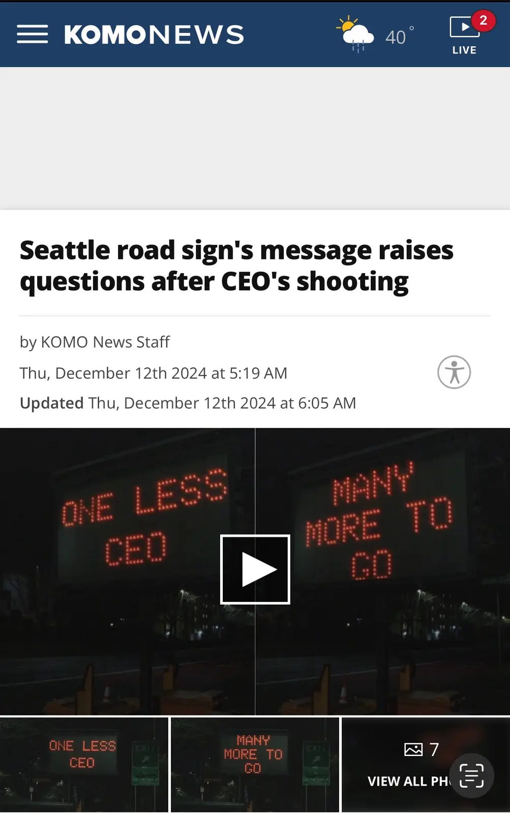A screenshot of a KOMO News article about a road sign in Seattle that displays the message 'ONE LESS CEO' on one side and…