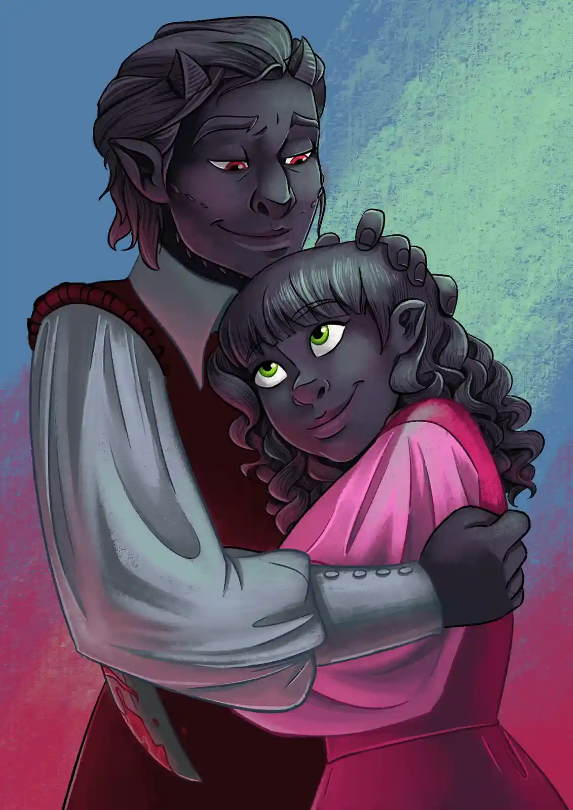 An illustration shows a dark-skinned, horned, red-eyed male figure in a red vest and grey shirt hugging a dark-skinned…