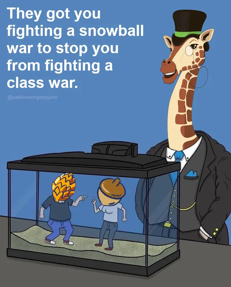 A cartoon giraffe in a top hat and suit stands beside a glass tank containing two figures with pinecone and acorn heads, who…
